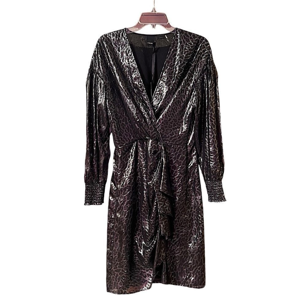Pinko Gray Georgette Macula Long Sleeve V Neck Ruffle Dress Size 44 NWT